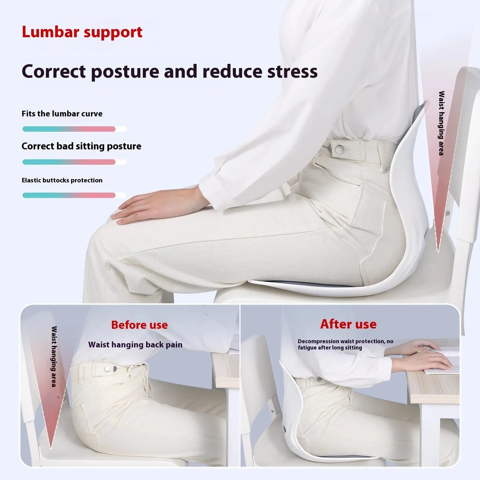 Grey lumbar support cushion with contoured shape for lower back, placed on office chair