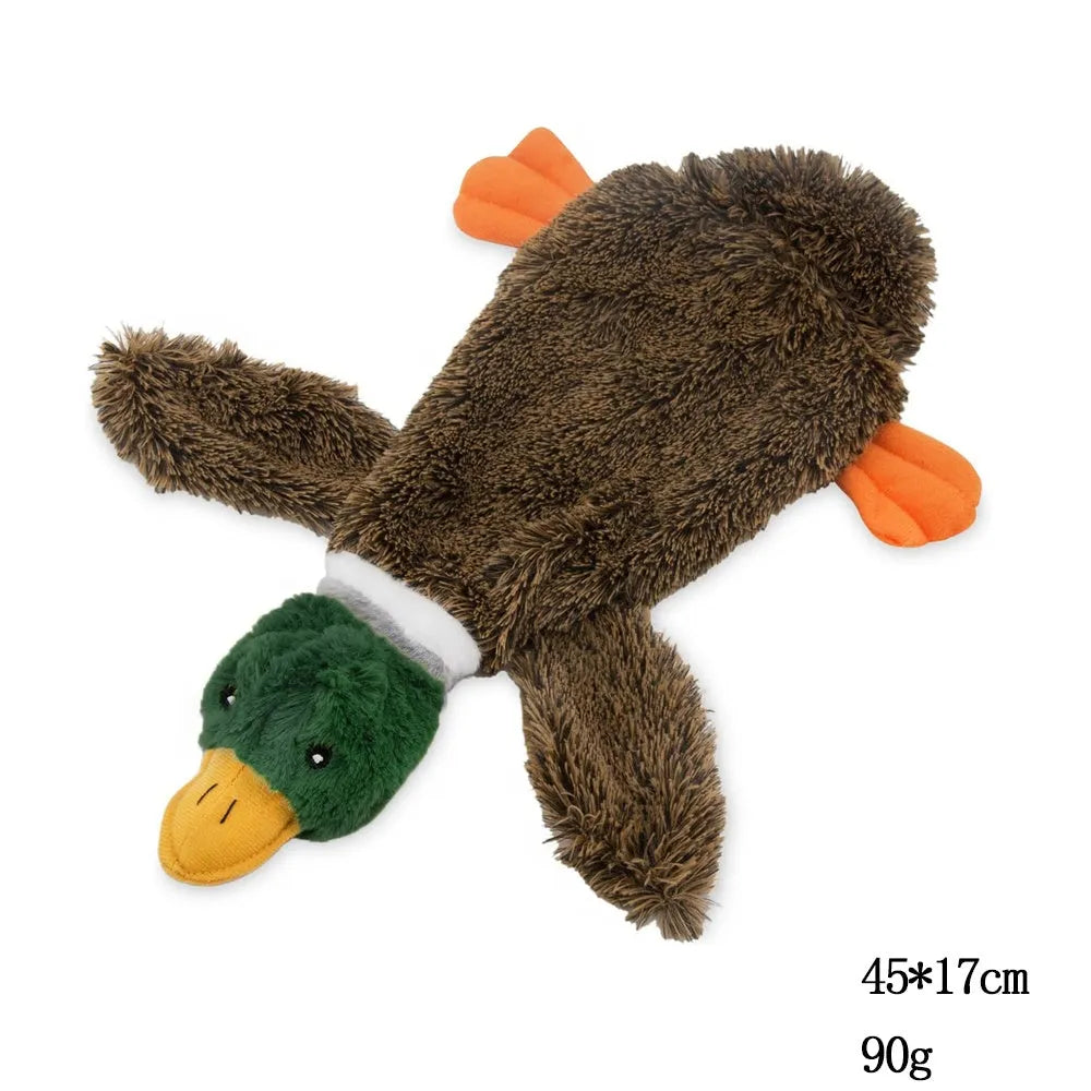 Green wild duck shaped stuffless dog toy with soft plush fabric and squeakers for pets