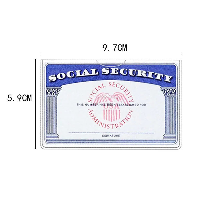 Clear plastic waterproof holder for a social security card, showing transparent front and size.