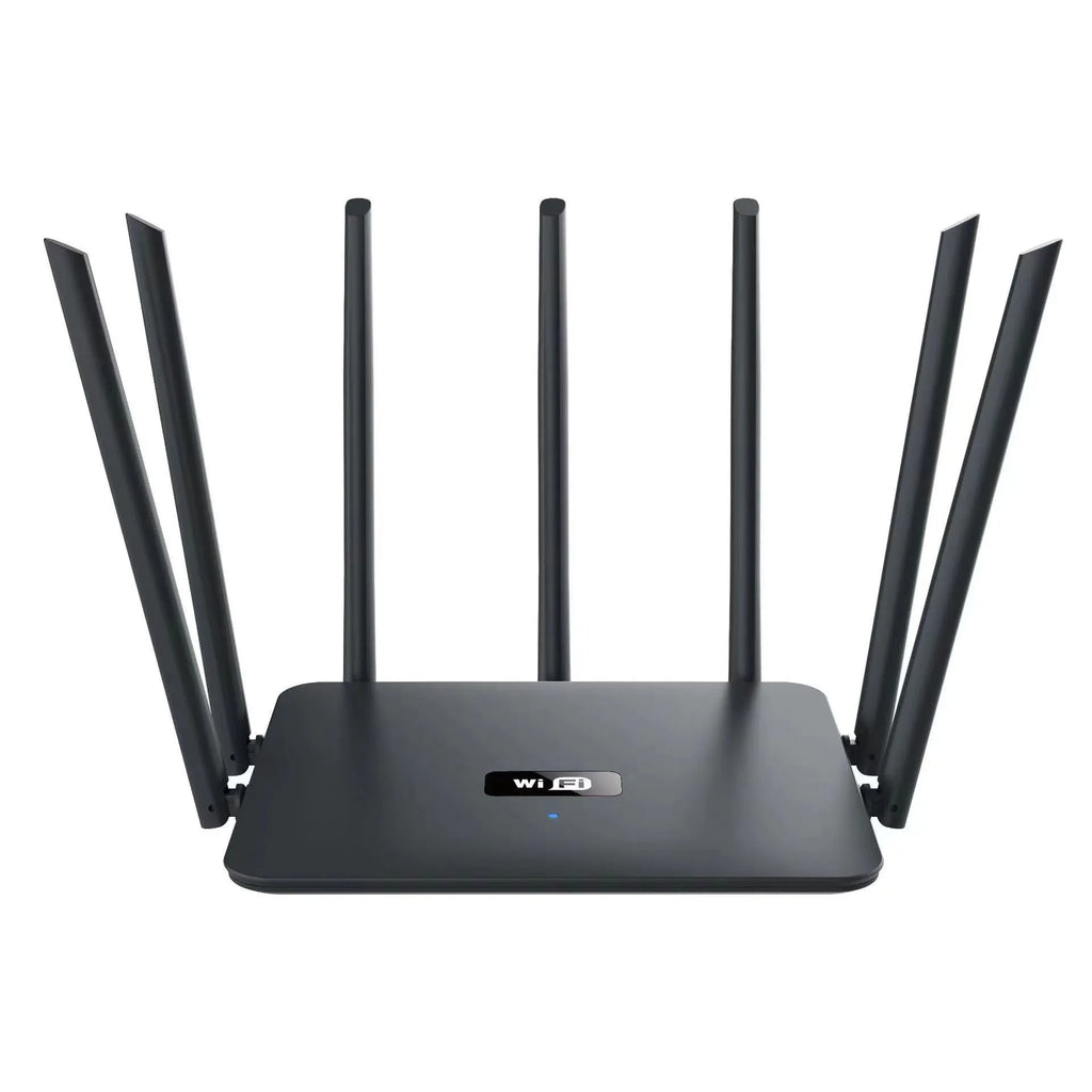 Black or white dual-band gigabit router with multiple antennas for through-wall home WiFi coverage.