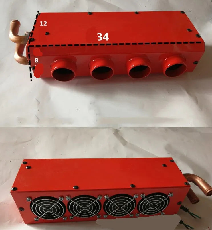 Compact metal 12V 24V car heater with four copper pipes and manual control, dimensions 34cm by 12cm by 8cm.