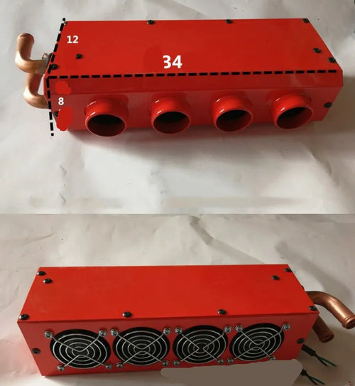 Compact metal 12V 24V car heater with four copper pipes and manual control, dimensions 34cm by 12cm by 8cm.