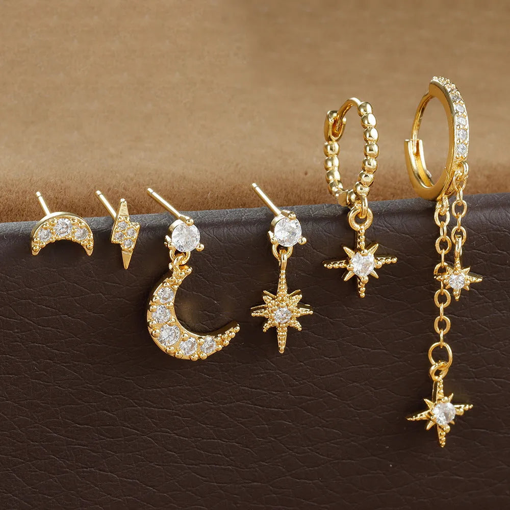 Gold chain tassel earrings with zircon stud details, six-piece set for women