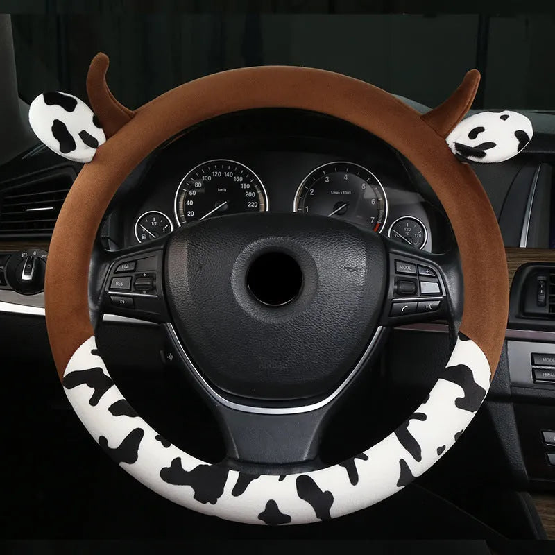 38cm short plush car steering wheel cover with protective handle in black colour