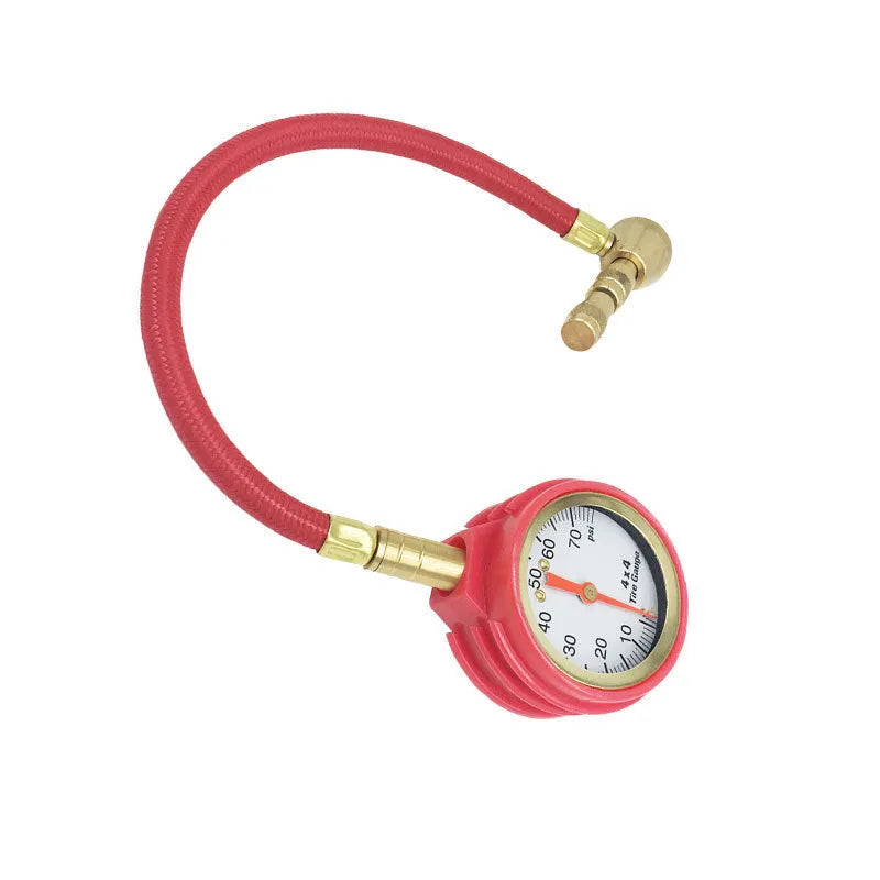 Mechanical tyre pressure gauge with metal body, rubber shell, and dial showing 0-5 BAR scale.