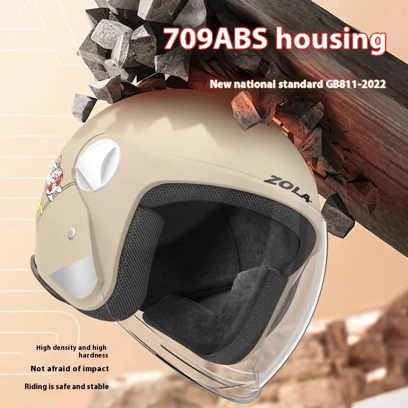 Blue winter electric bicycle helmet with attached ear scarf and a clear anti-fog visor.