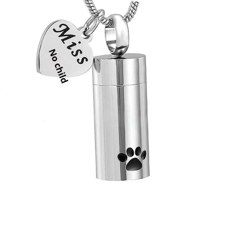 Silver cylindrical paw print ashes necklace with openable stainless steel memorial pendant