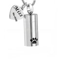 Silver cylindrical paw print ashes necklace with openable stainless steel memorial pendant