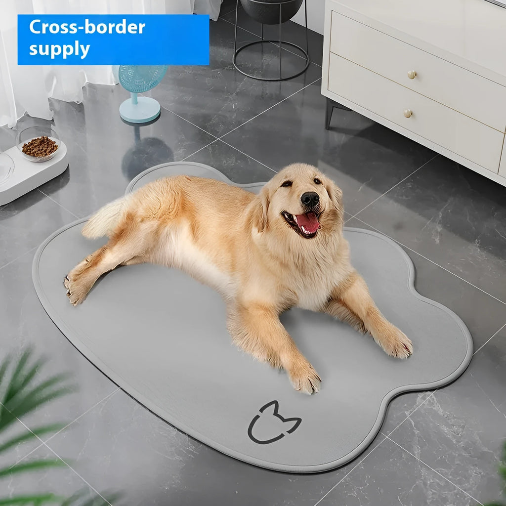 Ice silk pet cooling mat in dog head profile shape available in light grey, dark grey, dark green, and rice colours