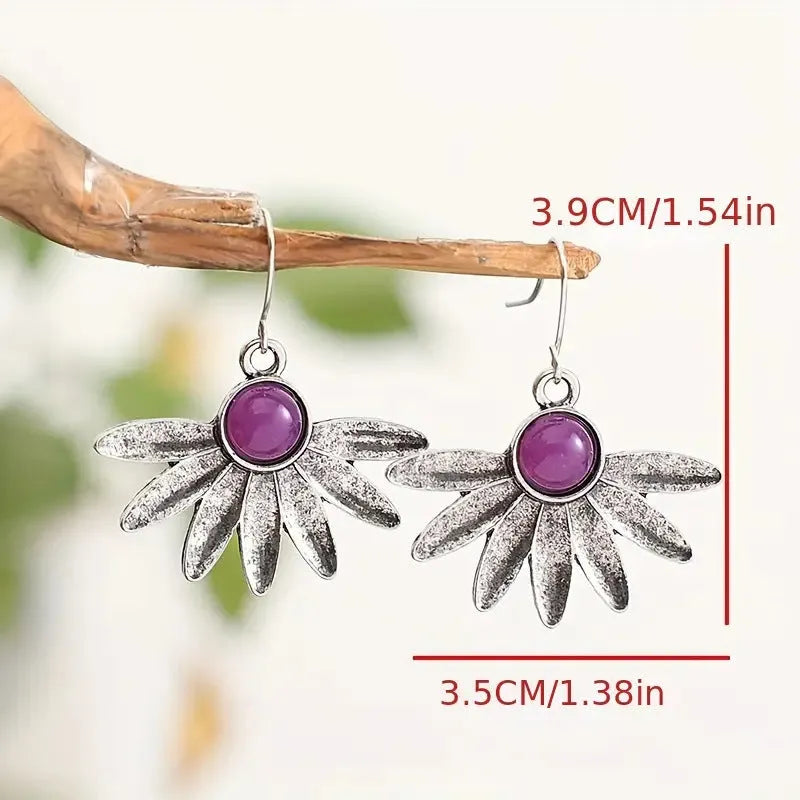Purple resin bohemian plant flower earrings with alloy animal zodiac modelling in retro style