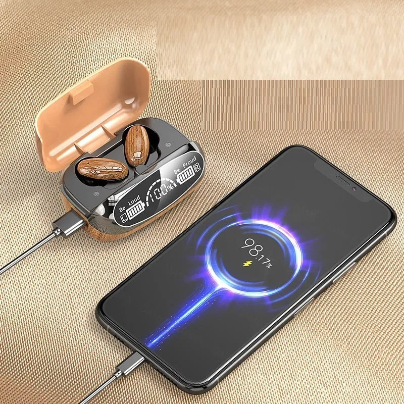 M35 wood grain Bluetooth wireless earbuds with charging case