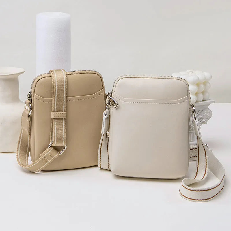 Solid colour PU mobile phone crossbody bag shown in beige, black, green, and khaki.