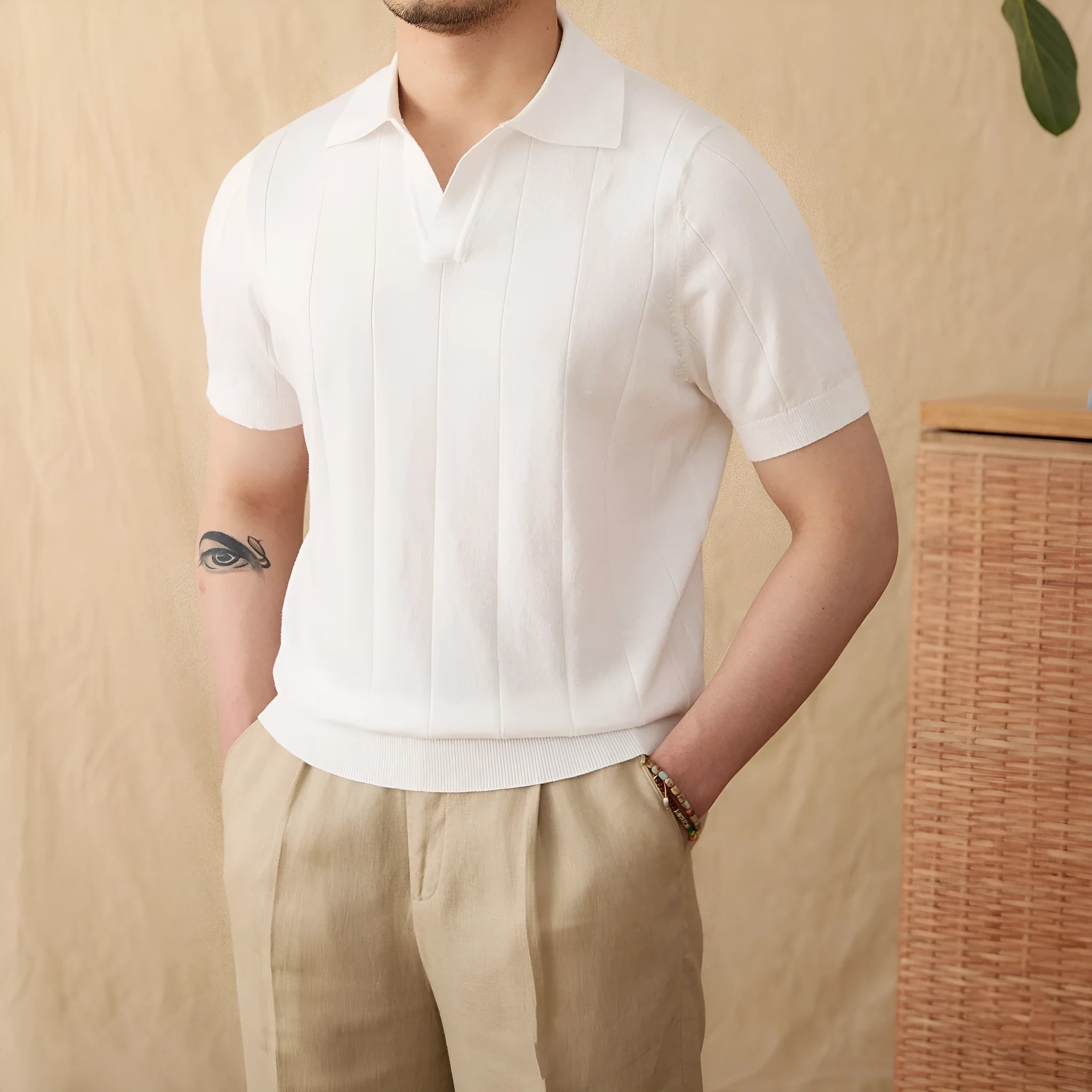 Cotton and linen blend polo shirt with sunken stripe knitted pattern and seagull collar in multiple colour options