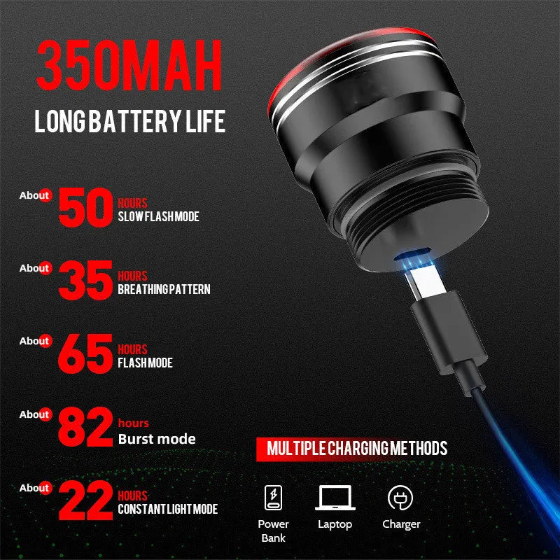 Black aluminium alloy smart brake sensing USB charging bicycle taillight showing dimensions