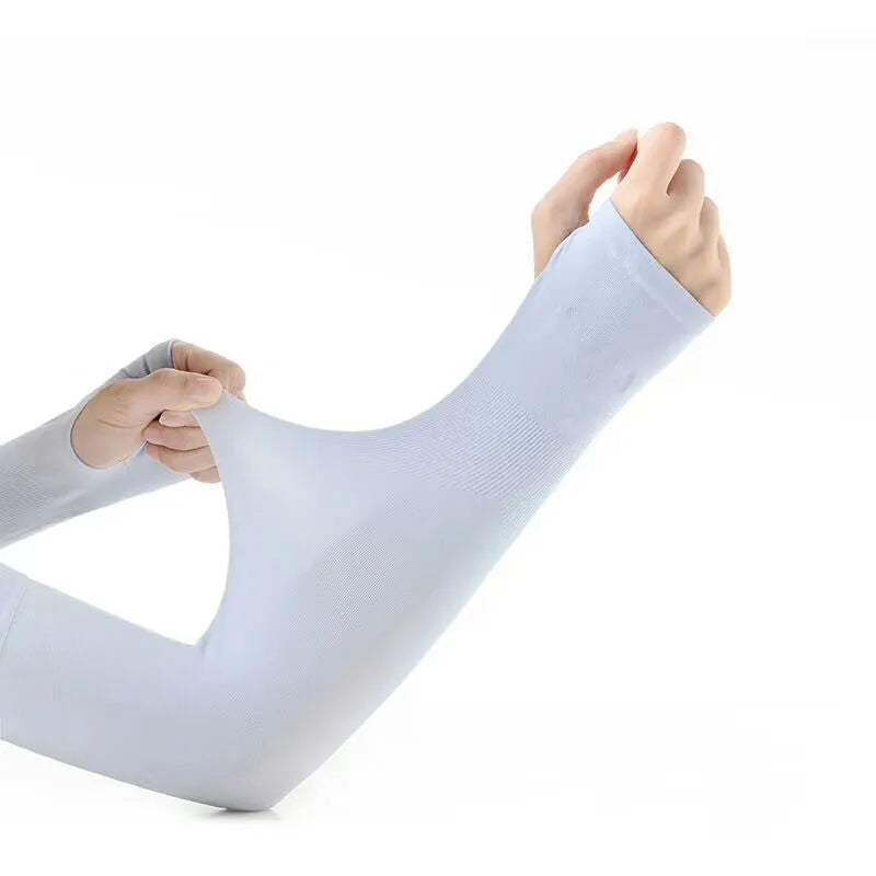 White viscose fibre driving sun protection sleeves with open-finger design showing forearm coverage