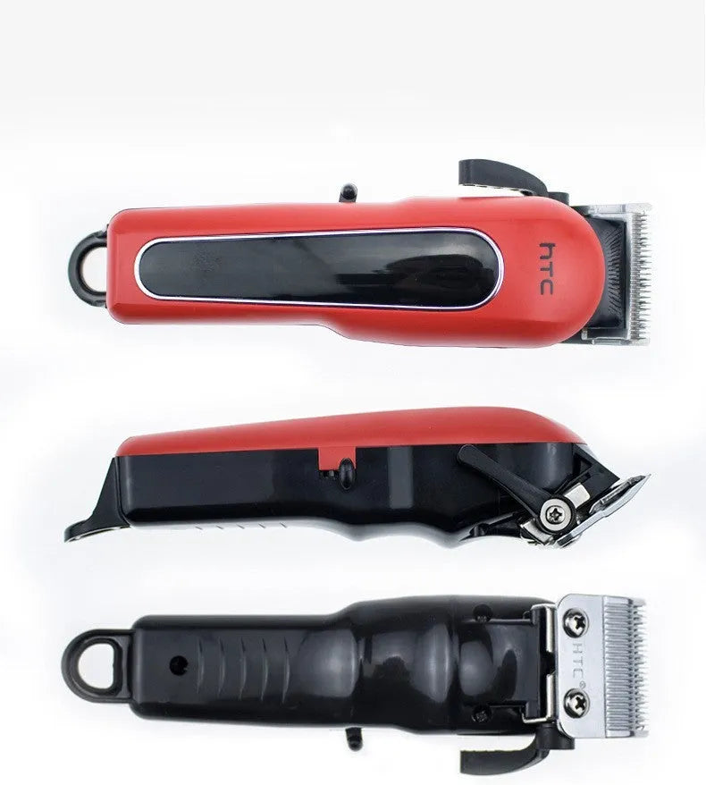 Black red and white waterproof digital hair clipper with brushless motor, four combs, and grooming accessories.