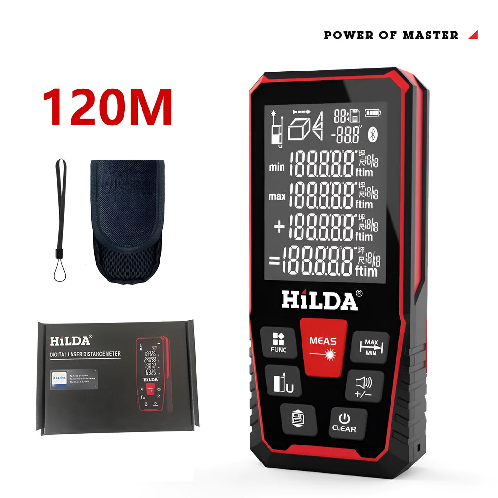 Handheld black laser rangefinder with digital display for measuring distances up to 120 metres.