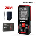 Handheld black laser rangefinder with digital display for measuring distances up to 120 metres.