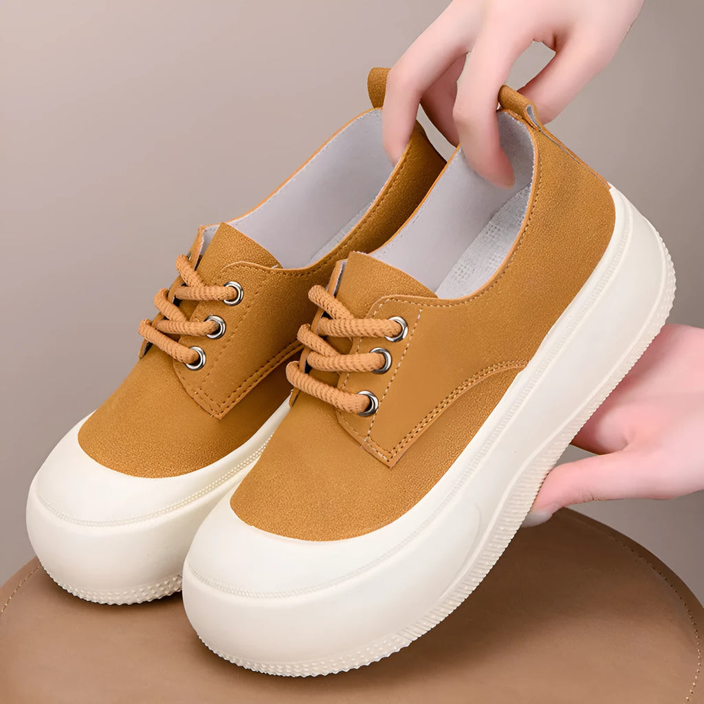 Women's camel suede platform loafers with 4cm heel and round toe