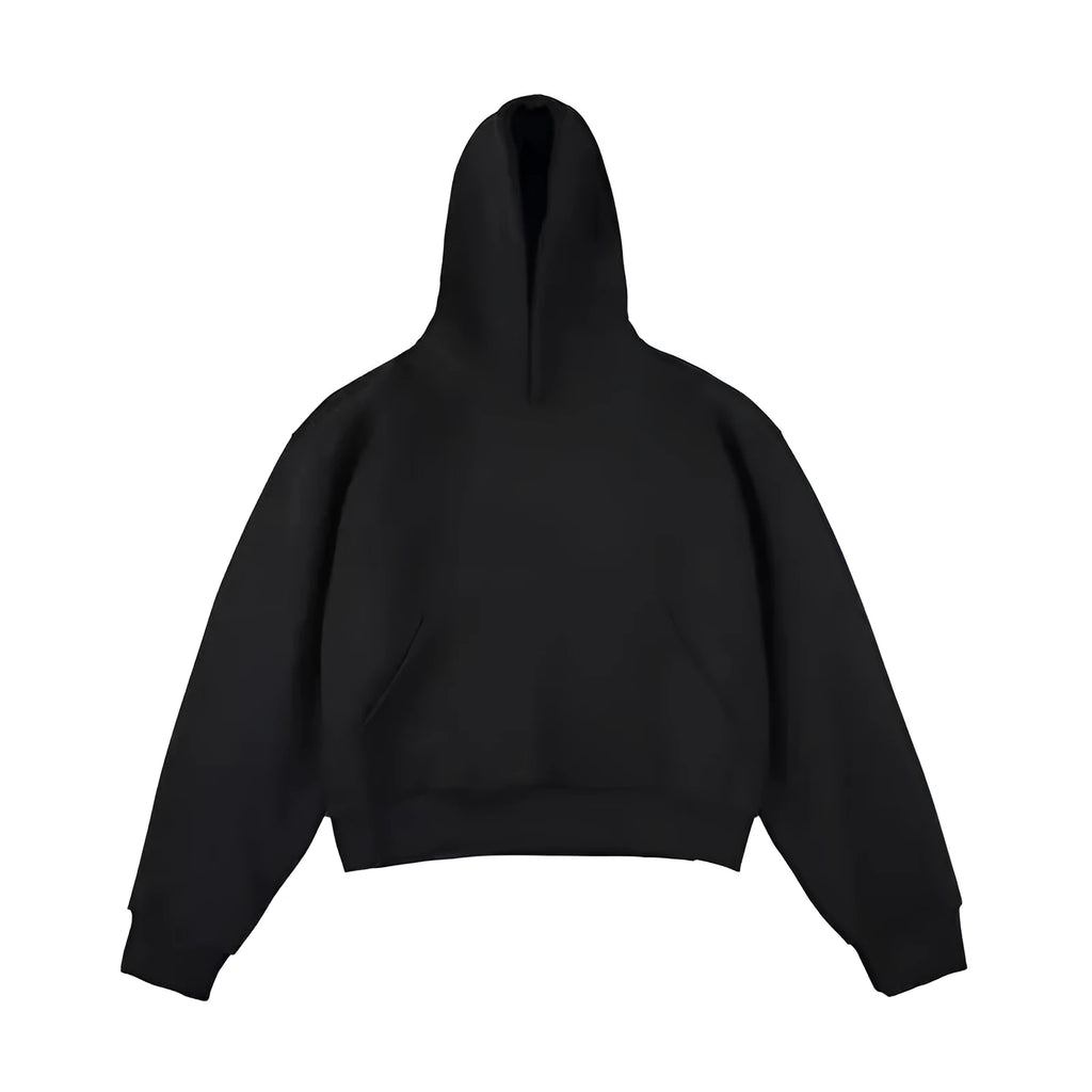 Short version Chinese cotton composite hooded sweater in dark grey with removable hood and long sleeves.