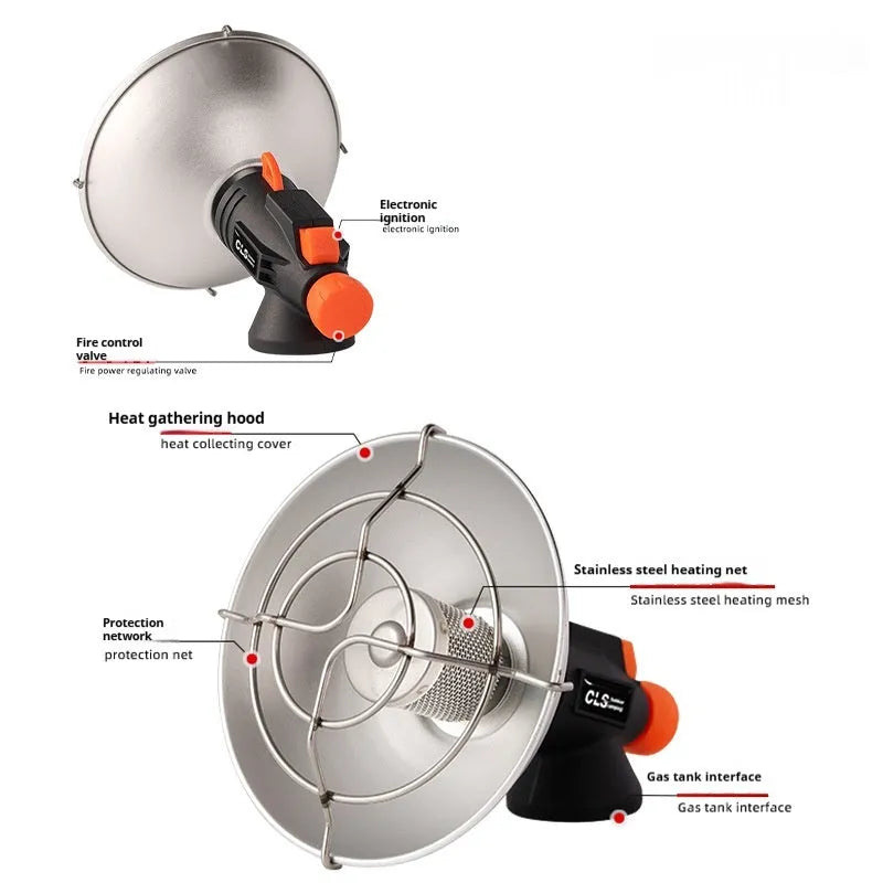 Portable black and orange camping heating stove with automatic ignition