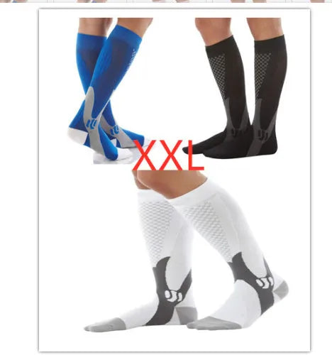 Graduated compression socks for men and women in black, blue, orange, pink, and white colour options