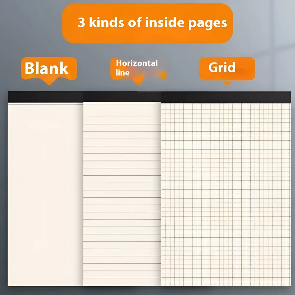 A5, B5 and A4 writing pads with blank, grid and horizontal line rulings showing tearable sheets