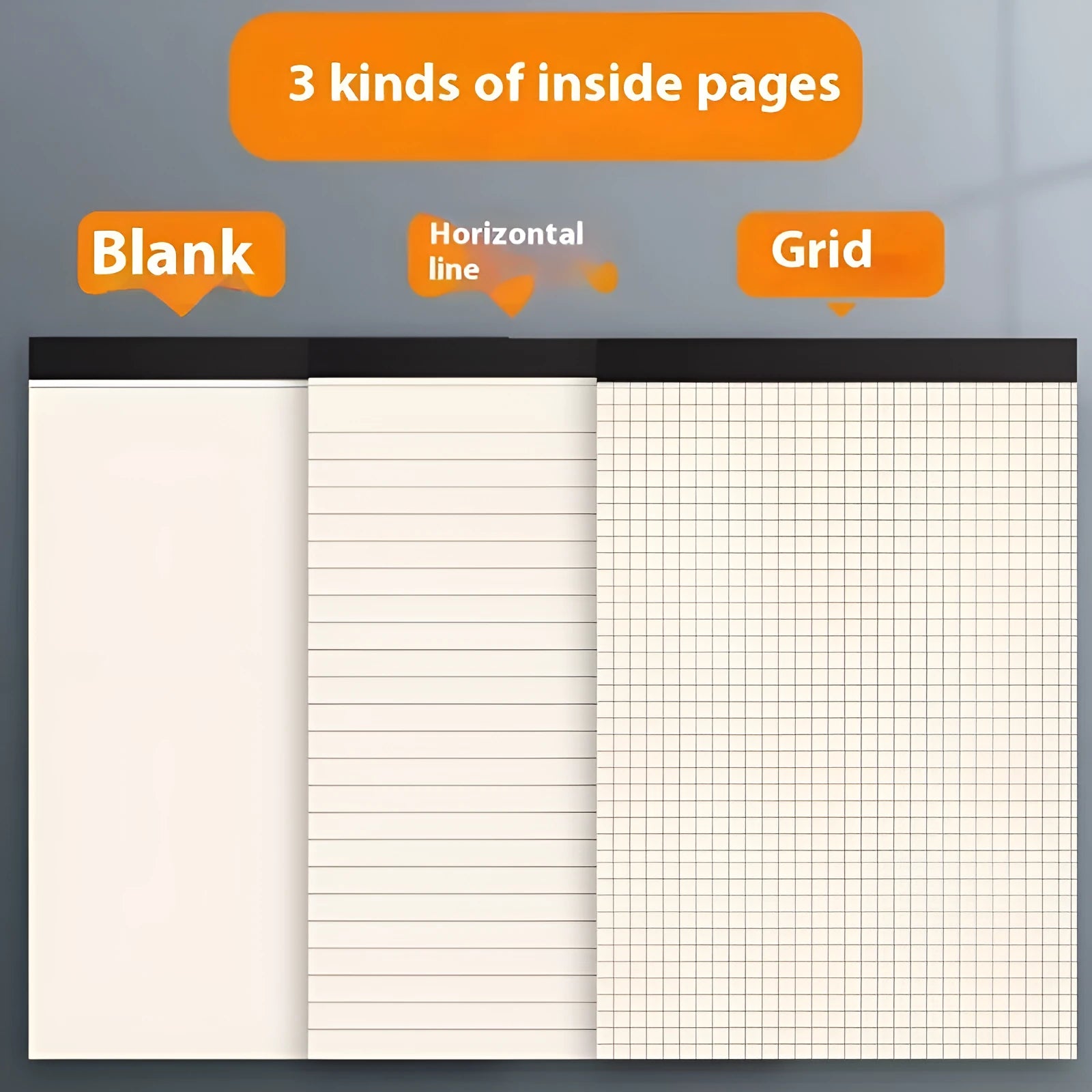 A5, B5 and A4 writing pads with blank, grid and horizontal line rulings showing tearable sheets