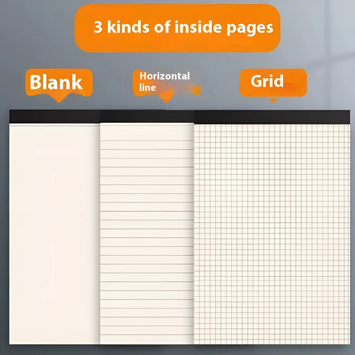 A5, B5 and A4 writing pads with blank, grid and horizontal line rulings showing tearable sheets
