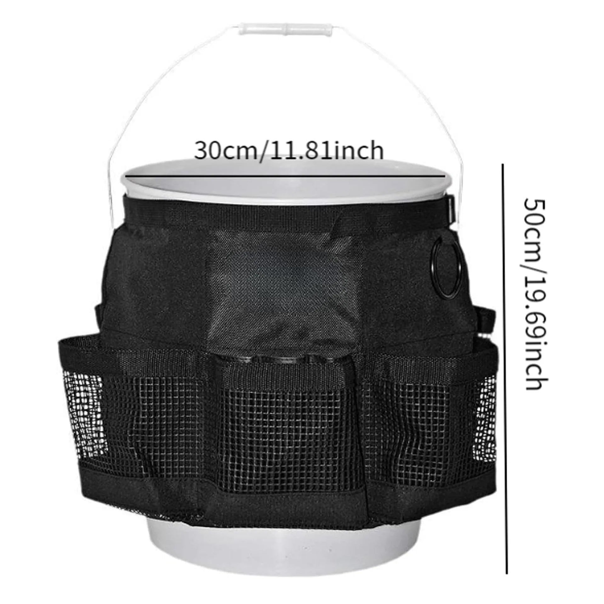Black cylindrical polyester storage bag hanging on a 5-gallon water barrel for organising tools and gear.