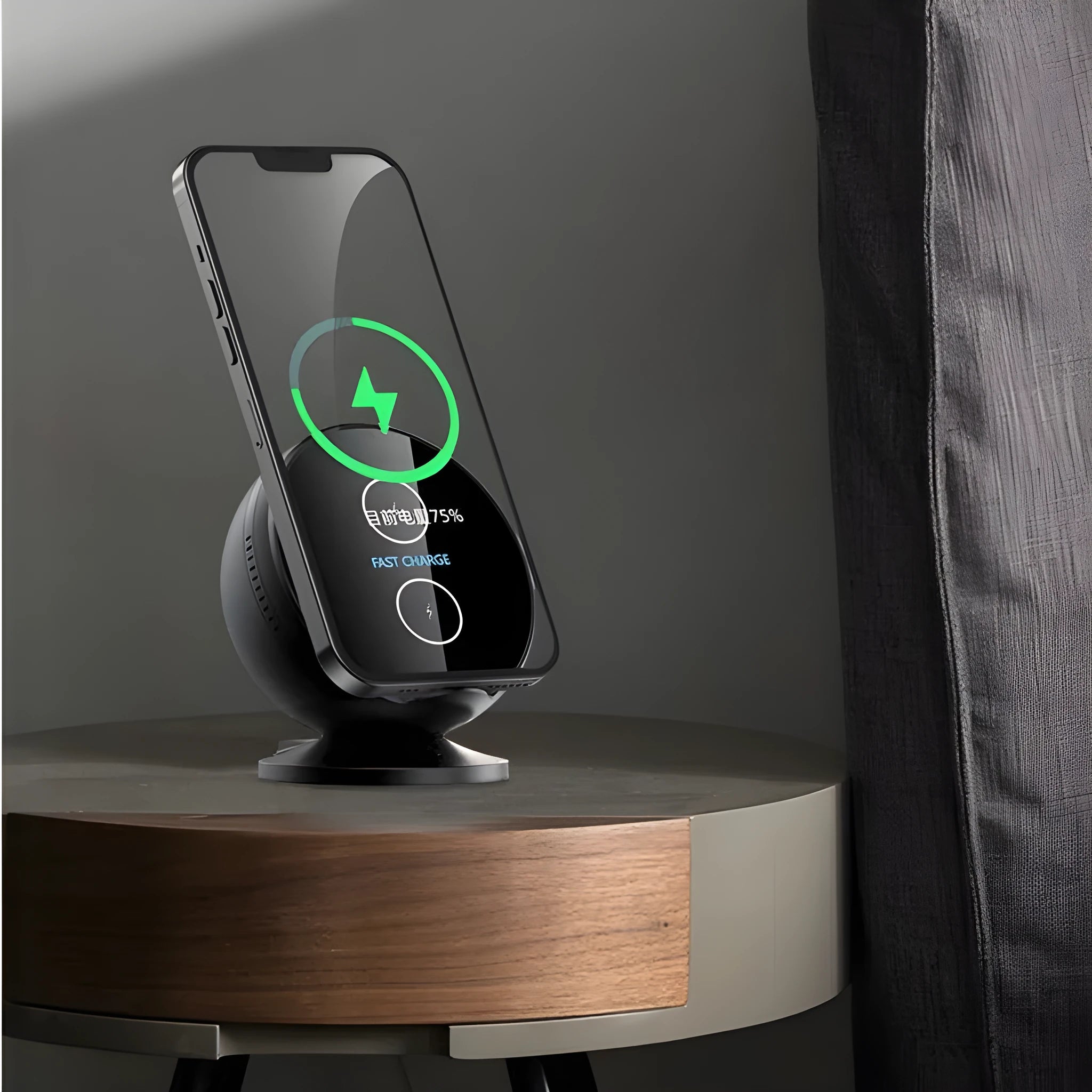 Black ABS plastic wireless phone charger holder with integrated Bluetooth speaker on a wooden desk.