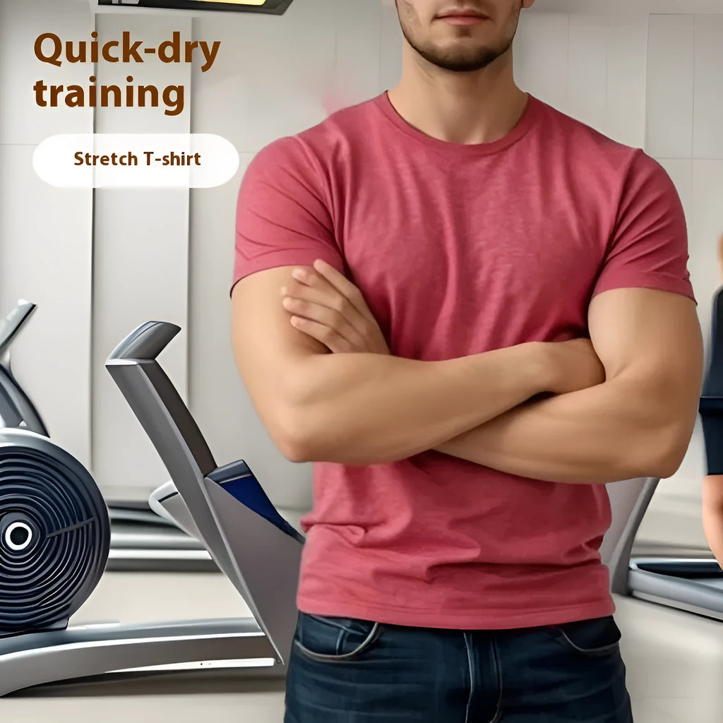 Men's tight stretch quick-dry running t-shirt in black round neck short sleeve design