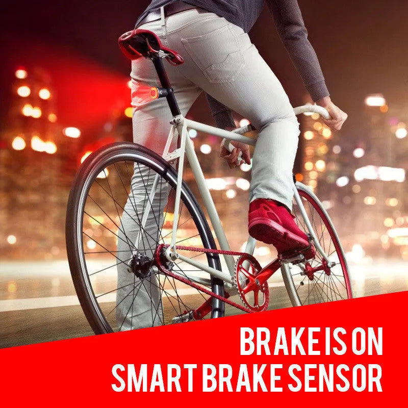 Black aluminium alloy smart brake sensing USB charging bicycle taillight showing dimensions