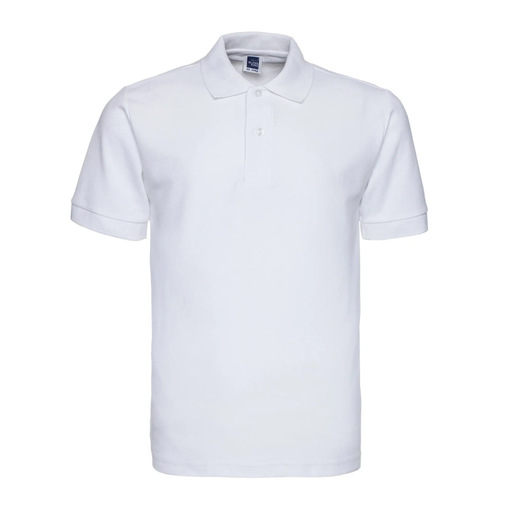 Men's loose fit solid colour short sleeve polo shirt on a hanger, shown in a plus size.
