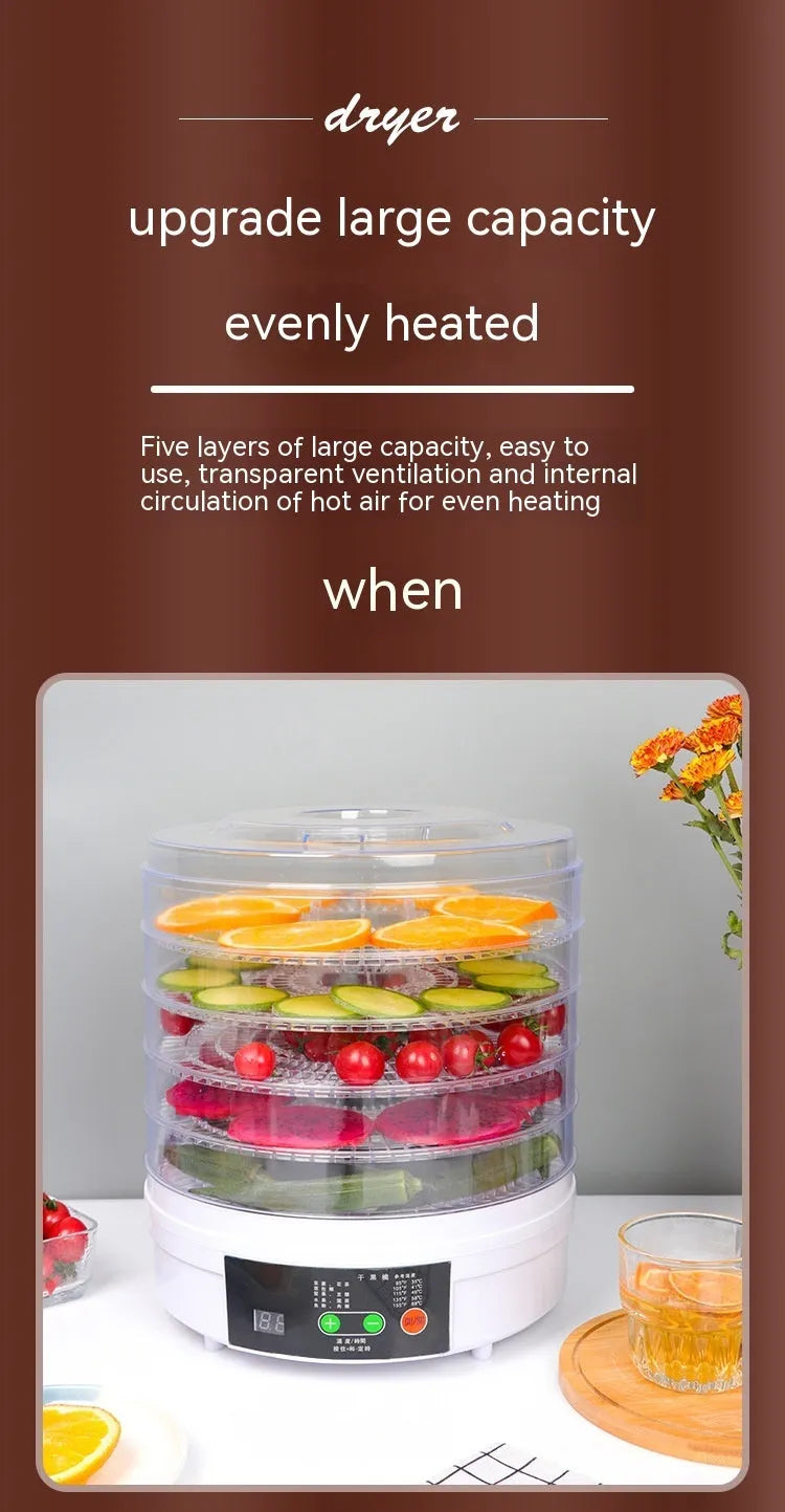 Five-layer household fruit dehydrator food dryer with multiple drying trays and adjustable temperature control