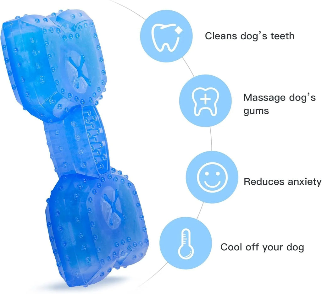 Freezable bone-shaped and circle-shaped dog cooling chew toy filled with purified water.