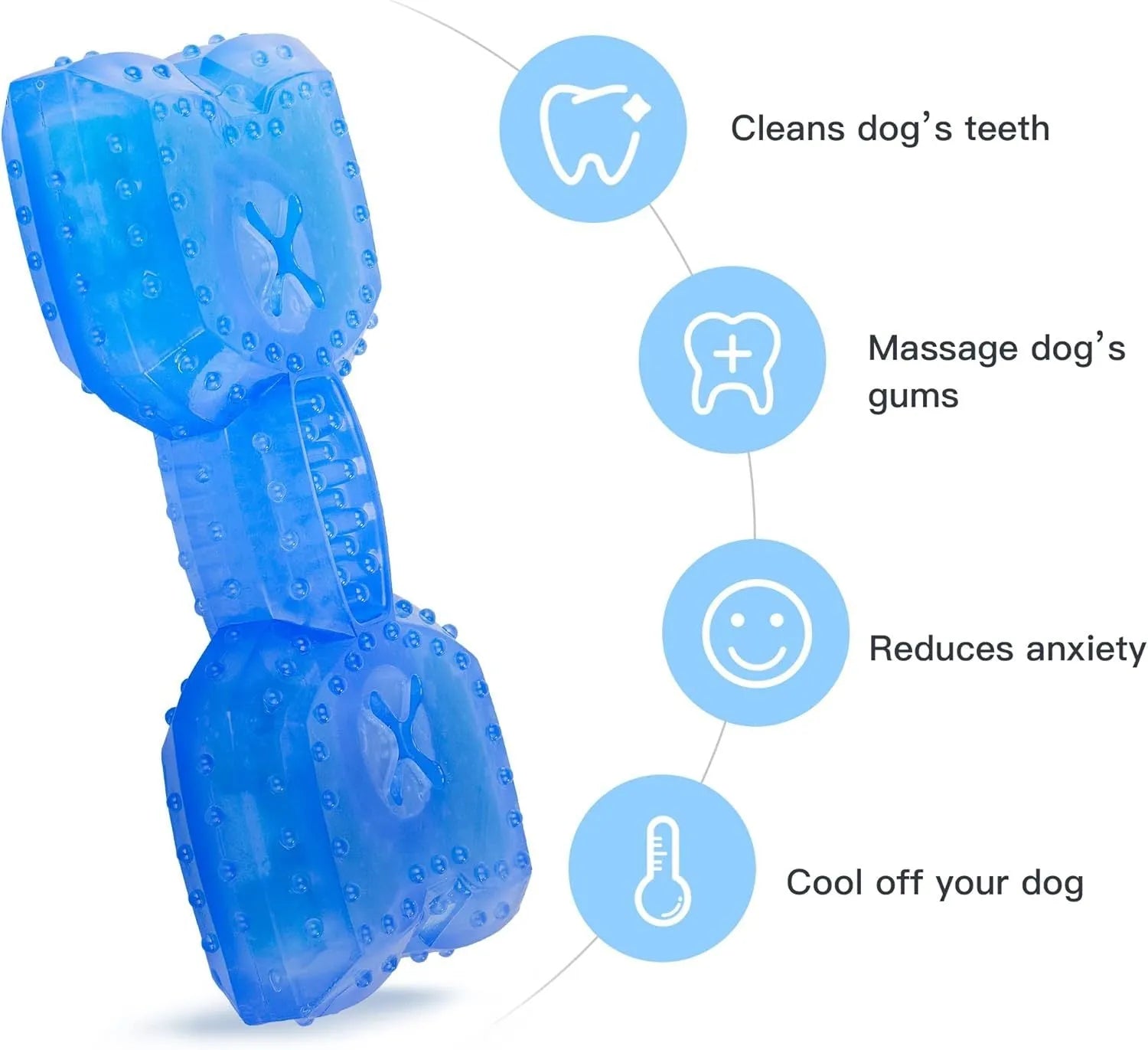 Freezable bone-shaped and circle-shaped dog cooling chew toy filled with purified water.