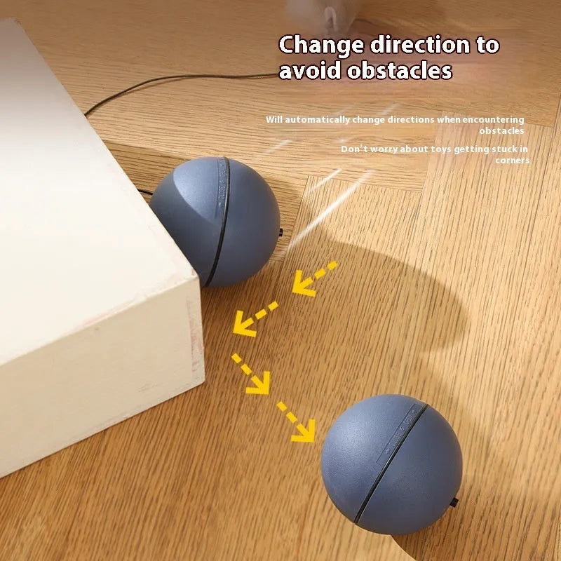 Automatic cat teasing ball toy with plush mouse attachment in blue orange colour