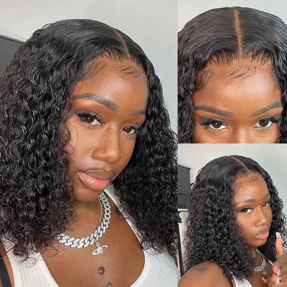 Black fluffy small curly front lace wig with long bangs, T-shaped lace, 8-16 inch lengths