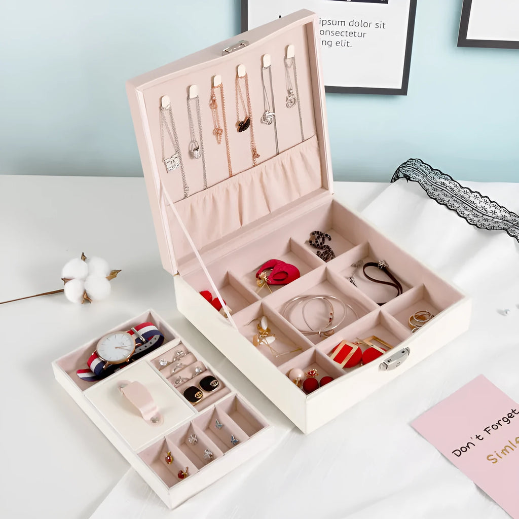 Red PU leatherette jewellery storage box with necklace and ring compartments