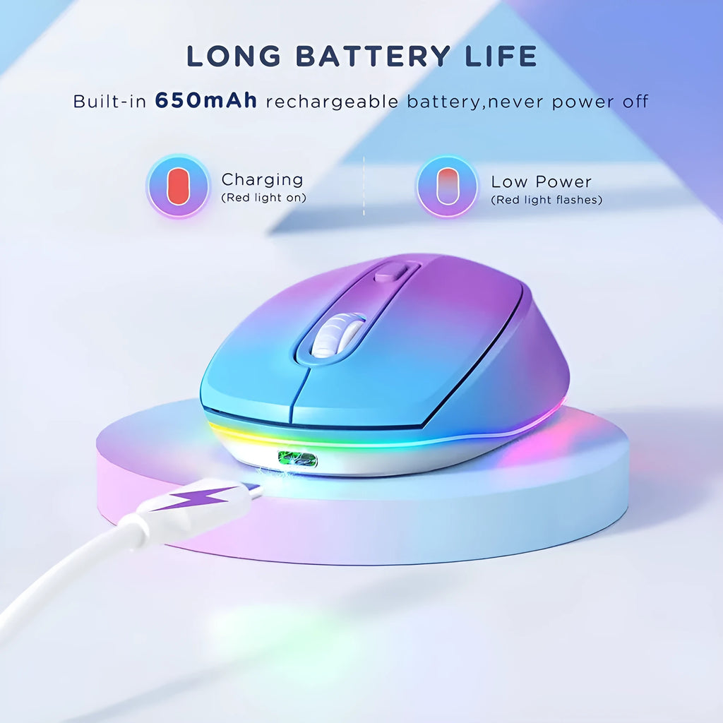 Lightweight rechargeable wireless mouse in multiple colours, shown next to its USB charging cable.