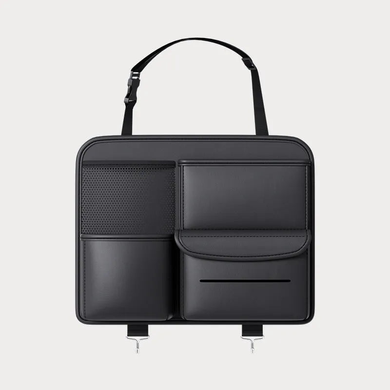 Black leather car seat back hanging storage bag with a handle, shown in large and small sizes for buggy organisation.