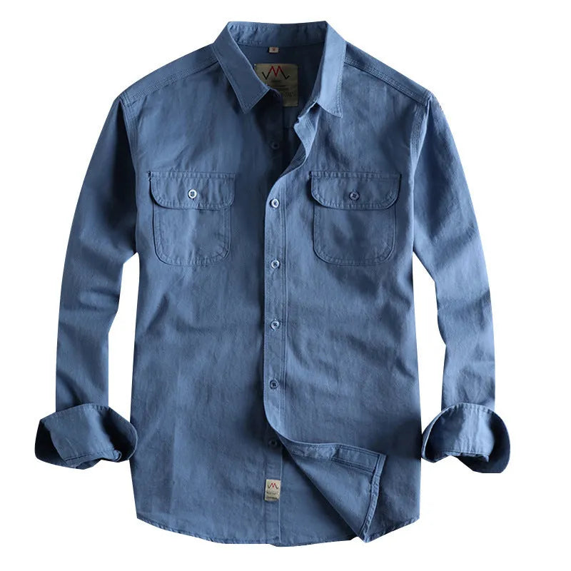 Men's solid colour cotton long sleeve shirt in cardigan style, shown in light blue.
