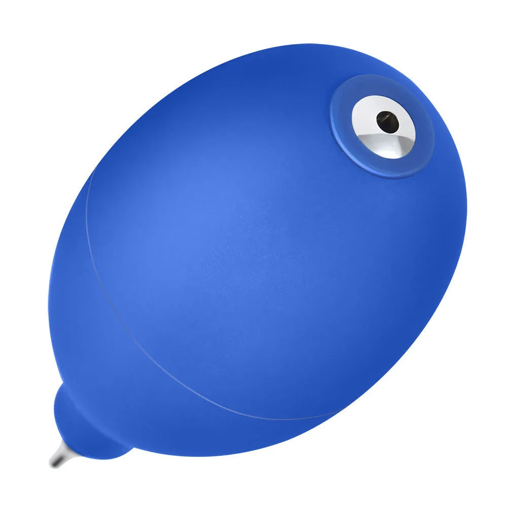 Blue and black rubber handheld dust removal air blower ball for cleaning cameras and phones.
