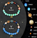 Two natural stone beaded bracelets from a zodiac sign set, showing twelve style options.