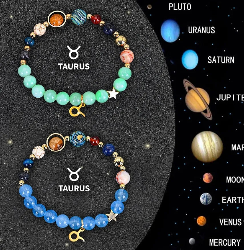 Two natural stone beaded bracelets from a zodiac sign set, showing twelve style options.