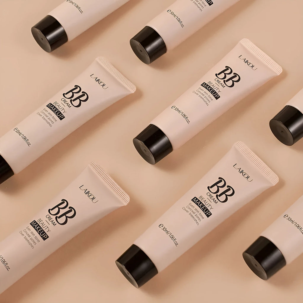 30ml tube of Natural Makeup BB cream shown alongside swatches of its nine skin tone shades.