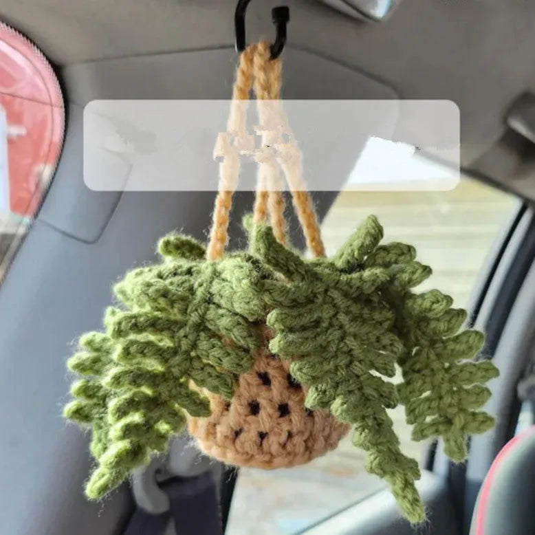 Green and white knitted wool car plant decoration hanging from 25cm white rope