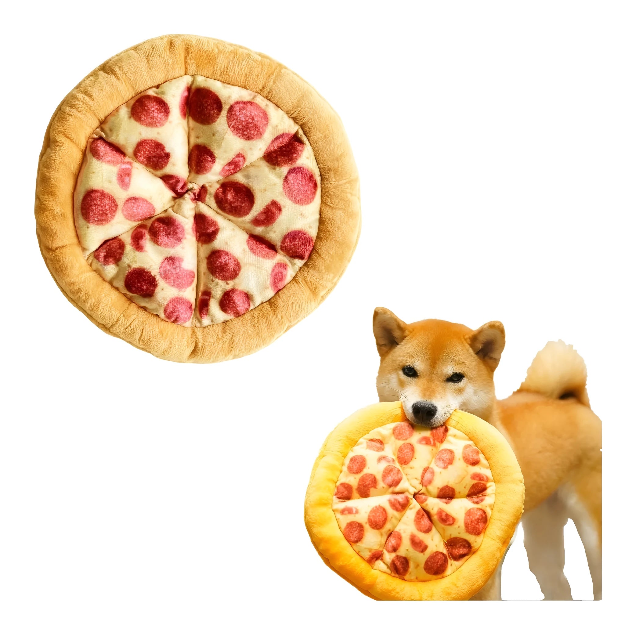 Yellow pizza slice shaped dog chew toy with squeaker for small medium dogs