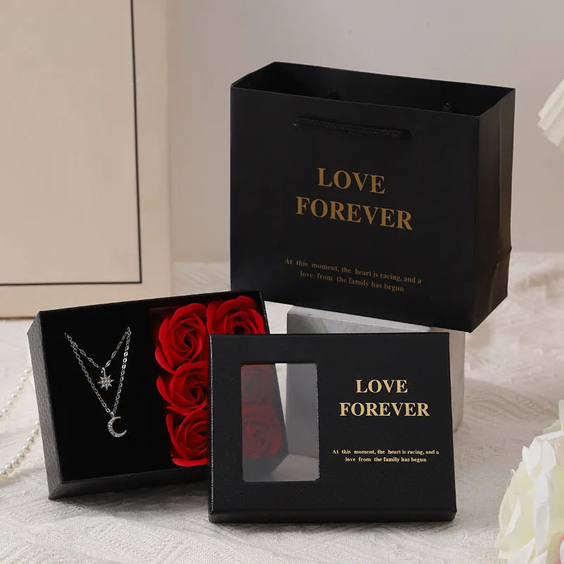 Six soap flower artificial roses in Korean-style gift packaging with choice of red, pink, or black colours